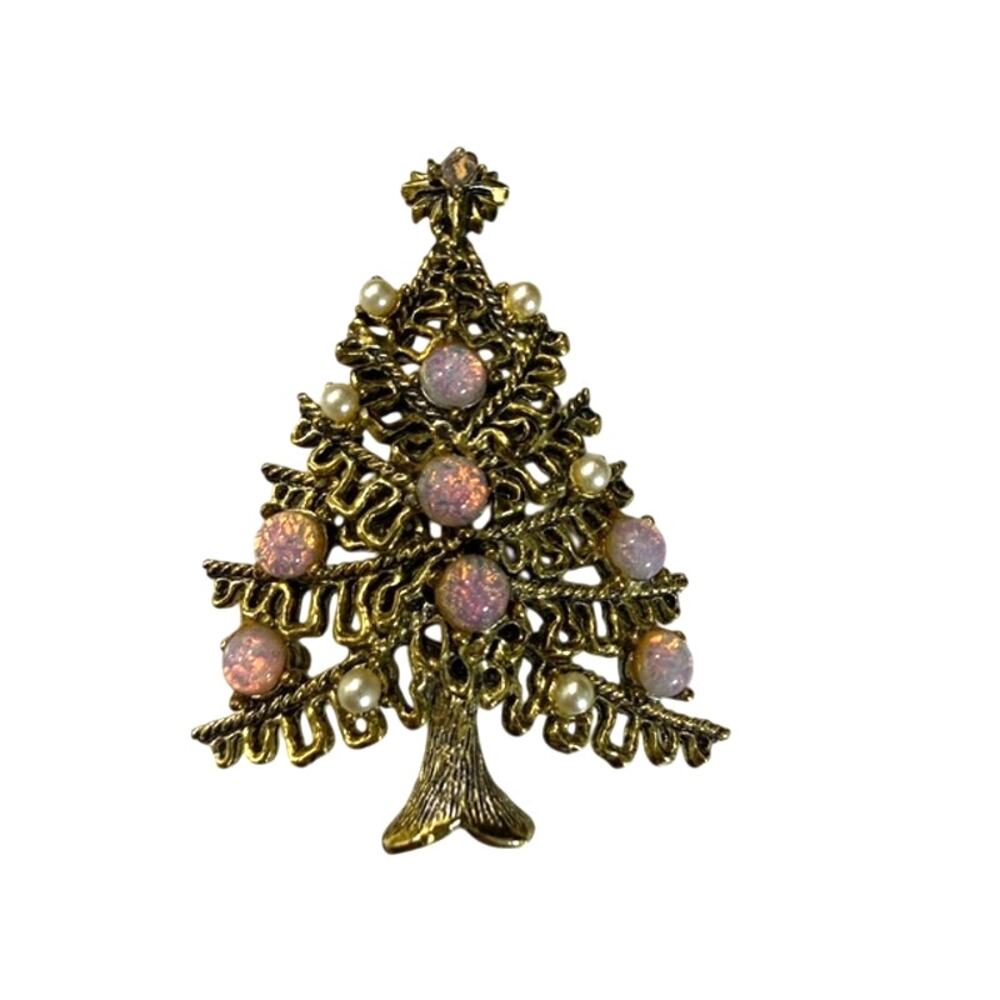 Vintage Signed Hollycraft Christmas Tree Brooch - Pink Opal Glass & Faux Pearls